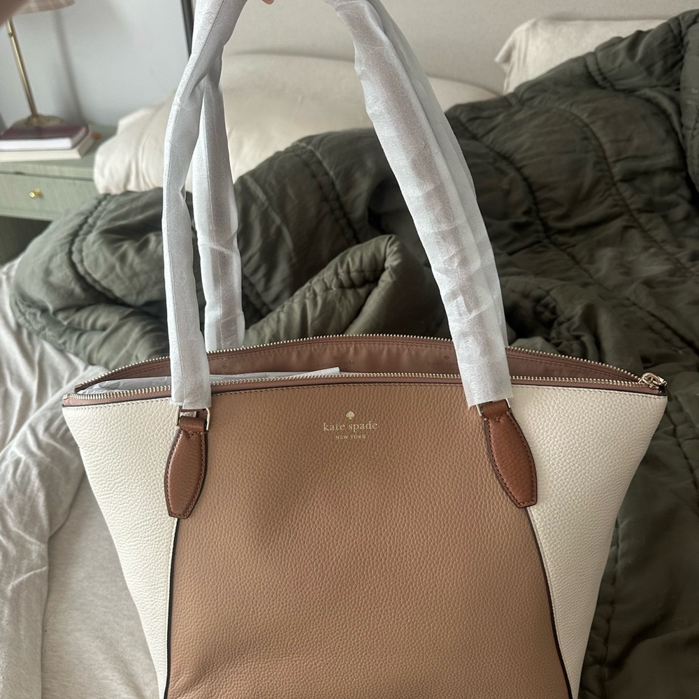 NWT Kate Spade Tan and Cream Tote Bag with Color-Block Design